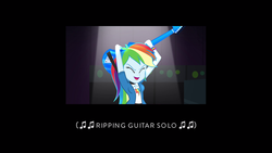 Size: 1366x768 | Tagged: safe, edit, rainbow dash, equestria girls, g4, my little pony equestria girls: rainbow rocks, dan mangan, female, guitar, guitar solo, race to the bottom (song), solo, text