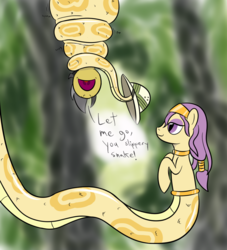 Size: 856x944 | Tagged: safe, artist:mightyshockwave, daring do, oc, oc:mist reticle, lamia, original species, snake, g4, coils, constriction, jungle, lidded eyes, slit pupils, squeezing