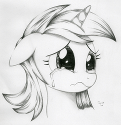 Size: 2136x2208 | Tagged: safe, artist:ayzuki, lyra heartstrings, pony, unicorn, g4, crying, female, grayscale, high res, monochrome, solo, traditional art