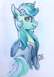 Size: 1024x1474 | Tagged: safe, artist:crponies, lyra heartstrings, pony, unicorn, g4, clothes, female, grin, hoodie, profile, smiling, solo, traditional art, watercolor painting