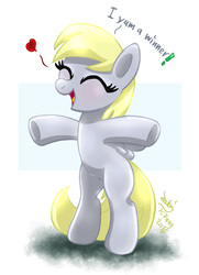 Size: 870x1200 | Tagged: safe, artist:joakaha, derpy hooves, pony, g4, bipedal, eyes closed, female, filly, heart, open mouth, solo