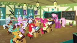 Size: 1920x1080 | Tagged: safe, edit, edited screencap, screencap, apple bloom, cheerilee, diamond tiara, scootaloo, shady daze, silver spoon, snails, snips, sweetie belle, twist, g4, the cart before the ponies, bedroom eyes, cutie mark, fancy mathematics, implied lesbian, implied shipping, math, physics, ponyville schoolhouse, the cmc's cutie marks, they did the math