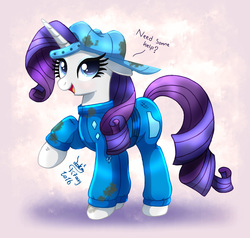Size: 2000x1900 | Tagged: safe, artist:joakaha, rarity, g4, the cart before the ponies, backwards ballcap, belt, clothes, dialogue, dirty, female, hat, mechanic, open mouth, pants, raised hoof, signature, solo, text