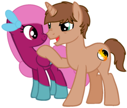 Size: 838x715 | Tagged: safe, artist:peternators, artist:strikingsplatter, oc, oc only, oc:candy wings, oc:heroic armour, pegasus, pony, unicorn, base used, boop, collaboration, eye contact, eyelashes, noseboop, scrunchy face, smiling, touch