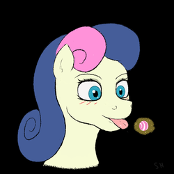 Size: 600x600 | Tagged: safe, artist:stoopedhooy, derpibooru exclusive, bon bon, lyra heartstrings, sweetie drops, pony, g4, blushing, bust, candy, food, licking, lowres, magic, offscreen character, portrait, tongue out