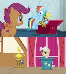Size: 1920x2160 | Tagged: safe, screencap, mayor mare, rainbow dash, scootaloo, pegasus, pony, applebuck season, g4, the cart before the ponies, butt, comparison, cutie mark, female, filly, mare, plot, the cmc's cutie marks, trophy