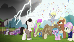 Size: 1920x1080 | Tagged: safe, screencap, blue lily, derpy hooves, meadow song, medallion gold, merry may, rarity, rosetta, earth pony, pegasus, pony, unicorn, g4, the cart before the ponies, background pony, bipedal, blue ribbon, clothes, cloud, confetti, cute, eyes closed, female, filly, filly derpy, filly rarity, glasses, grin, happy, lightning, male, mare, open mouth, rain, raincloud, sad, smiling, squee, stallion, stormcloud, streamers, younger