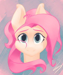 Size: 1600x1900 | Tagged: safe, artist:thegraid, fluttershy, g4, abstract background, ambiguous facial structure, bust, female, full face view, looking at you, portrait, smiling, smiling at you, solo, stray strand