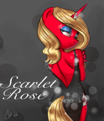 Size: 540x628 | Tagged: safe, artist:ceehoff, oc, oc only, oc:scarlet rose, unicorn, anthro, anthro oc, backless, backless dress, black dress, blonde, clothes, dress, eyeliner, female, looking over shoulder, makeup, mare, open-back dress, solo