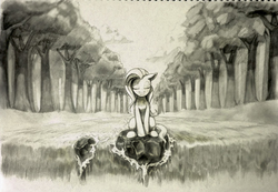 Size: 870x602 | Tagged: safe, artist:louislithium, fluttershy, pegasus, pony, g4, eyes closed, female, folded wings, forest, grayscale, meditating, monochrome, peaceful, river, sitting, solo, traditional art, waterfall