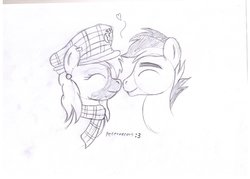 Size: 1600x1143 | Tagged: safe, artist:peternators, quibble pants, oc, oc:mad munchkin, earth pony, pony, g4, canon x oc, clothes, female, hat, heart, male, monochrome, scarf, shipping, sketch, straight, traditional art