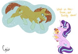 Size: 1024x715 | Tagged: safe, artist:colourstrike, starlight glimmer, sunburst, oc, oc:dawn, pony, unicorn, g4, blaze (coat marking), coat markings, colorstirke is trying to murder us, cute, facial markings, father and child, father and daughter, female, foal, levitation, magic, male, mama starlight, mother and child, mother and daughter, offspring, papa sunburst, parent:starlight glimmer, parent:sunburst, parents:starburst, ship:starburst, shipping, signature, socks (coat markings), straight, telekinesis