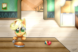 Size: 3000x2000 | Tagged: safe, artist:wolfchen999, applejack, earth pony, pony, g4, apple, apple pie, female, food, freckles, high res, pie, smiling, solo, tongue out, zap apple