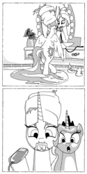 Size: 4000x8000 | Tagged: safe, artist:billneigh, princess celestia, princess luna, g4, bathroom, beard, butt, by celestia's beard, comic, facial hair, faic, mirror, monochrome, plot, shaving, shocked, towel