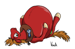 Size: 1000x650 | Tagged: safe, artist:voreck, big macintosh, earth pony, pony, g4, belly, big macinpred, blue ribbon, fetish, impossibly large belly, lying down, male, on back, ribbon, stallion, vore