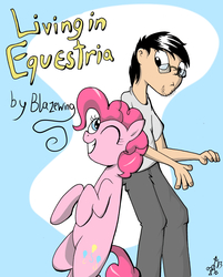 Size: 2134x2655 | Tagged: safe, artist:fimoman, pinkie pie, oc, oc:dave, human, g4, cover art, glasses, high res, living in equestria, one eye closed, wink