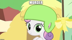 Size: 888x499 | Tagged: safe, edit, edited screencap, screencap, sweetie belle, g4, the cart before the ponies, female, image macro, meme, murder, pure unfiltered evil, solo