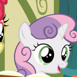 Size: 507x507 | Tagged: safe, edit, edited screencap, screencap, apple bloom, scootaloo, sweetie belle, pony, unicorn, g4, season 6, the cart before the ponies, animated, blinking, book, breaking the fourth wall, bronybait, caption, cropped, cute, diasweetes, female, filly, fourth wall, hello, image macro, looking at you, meme, open mouth, ponyville schoolhouse, smiling, solo focus