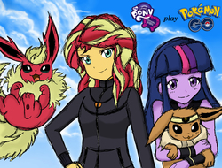Size: 1058x804 | Tagged: safe, artist:angeltorchic, sunset shimmer, twilight sparkle, eevee, flareon, equestria girls, g4, clothes, crossover, cute, looking at you, nintendo, open mouth, pokémon, pokémon go, shimmerbetes, smiling, twiabetes, twilight sparkle (alicorn)