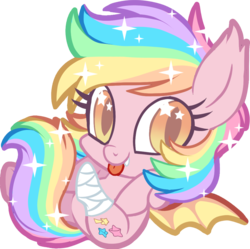 Size: 985x983 | Tagged: safe, artist:centchi, oc, oc only, oc:paper stars, bat pony, pony, amputee, chibi, cute, cute little fangs, fangs, female, looking at you, paperbetes, rainbow hair, simple background, solo, sparkly mane, transparent background