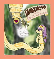 Size: 1000x1088 | Tagged: safe, artist:mightyshockwave, daring do, oc, oc:mist reticle, lamia, original species, snake, g4, book cover, coils, constriction, nose in the air, peril, squeezing, yelling