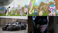 Size: 959x549 | Tagged: safe, derpy hooves, meadow song, merry may, rarity, rosetta, g4, the cart before the ponies, batman, batmobile, car, christian bale, confetti, filly derpy, filly rarity, meme, smiling, the dark knight, tumbler