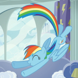 Size: 741x741 | Tagged: safe, screencap, rainbow dash, pegasus, pony, g4, the cart before the ponies, cute, dashabetes, eyes closed, female, flying, mare, rainbow dash's house, solo