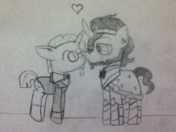 Size: 960x720 | Tagged: safe, artist:thefanficfanpony, king sombra, sunburst, g4, gay, heart, male, monochrome, shipping, somburst, traditional art