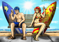 Size: 1023x724 | Tagged: safe, artist:pete-da-graptor, flash sentry, sunset shimmer, human, g4, beach, belly button, bench, bikini, clothes, female, food, humanized, ice cream, male, sandals, ship:flashimmer, shipping, straight, surfboard, swimsuit, topless