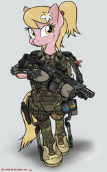 Size: 1288x2068 | Tagged: safe, artist:orang111, edit, lily, lily valley, pony, g4, alternate hairstyle, armor, assault rifle, bipedal, exosuit, female, grenade, gun, hxd-9, military, operator, powered exoskeleton, railgun, ribbon, rifle, solo, weapon