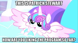 Size: 1366x768 | Tagged: safe, edit, edited screencap, screencap, princess flurry heart, g4, the crystalling, caption, cute, family guy, female, flurrybetes, image macro, looking up, male, meme, on back, open mouth, patrick stewart, smiling, solo, spread wings, weapons-grade cute