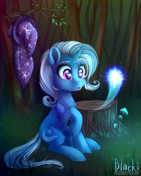 Size: 899x1121 | Tagged: safe, artist:blacki, trixie, pony, unicorn, g4, :o, cute, eyes on the prize, female, fluffy, forest, grass, mare, open mouth, raised hoof, reflection, signature, sitting, solo, tree stump, wisp