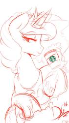 Size: 918x1632 | Tagged: safe, artist:thelunarmoon, princess luna, g4, coffee, crossed hooves, female, magic, monochrome, prone, sketch, solo, starbucks, telekinesis