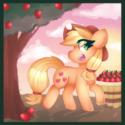 Size: 2000x2000 | Tagged: safe, artist:kurochhi, artist:pone-artz, applejack, g4, apple, basket, collaboration, cute little fangs, fangs, female, food, high res, solo, tree