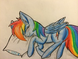 Size: 3264x2448 | Tagged: safe, artist:snowfoxythefox, derpibooru exclusive, rainbow dash, g4, blushing, colored, colored pencil drawing, colored sketch, cute, dashabetes, eyes closed, female, high res, hnnng, pencil, pencil drawing, pillow, simple background, sleeping, smiling, solo, traditional art