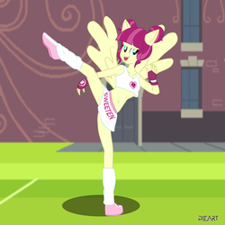 Size: 2000x2000 | Tagged: safe, artist:dieart77, majorette, sweeten sour, equestria girls, friendship games, belly button, breasts, canterlot high, cheerleader, cleavage, clothes, commission, exeron fighters, exeron gloves, female, field, fingerless gloves, gloves, kick, midriff, miniskirt, open mouth, ponied up, shoes, skirt, skirt lift, sneakers, socks, solo, sports bra, wondercolts