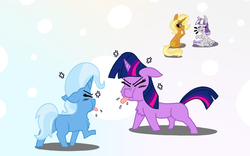 Size: 800x500 | Tagged: safe, artist:dragonpone, derpibooru exclusive, sunflower spectacle, trixie, twilight sparkle, twilight velvet, pony, unicorn, idw, spoiler:comic, spoiler:comic40, angry, chest fluff, cross-popping veins, eyes closed, female, filly, filly trixie, filly twilight sparkle, floppy ears, looking back, mare, raspberry, sitting, talking, tongue out, twilight vs trixie, younger
