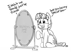 Size: 1280x962 | Tagged: safe, artist:pabbley, twilight sparkle, alicorn, pony, g4, 30 minute art challenge, beyond the impossible, cute, dialogue, female, forever alone, friendzone, grayscale, magic mirror, meme, monochrome, open mouth, raised hoof, simple background, sketch, solo, twiabetes, twilight sparkle (alicorn), white background