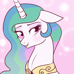Size: 512x512 | Tagged: safe, artist:lulubell, princess celestia, pony, g4, blushing, bust, cute, cutelestia, female, floppy ears, grin, lidded eyes, looking at you, smiling, solo