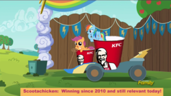 Size: 1920x1076 | Tagged: safe, edit, edited screencap, screencap, rainbow dash, scootaloo, chicken, g4, the cart before the ponies, discovery family logo, kfc, scootachicken