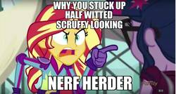 Size: 1280x687 | Tagged: safe, edit, edited screencap, screencap, sci-twi, sunset shimmer, twilight sparkle, equestria girls, g4, my little pony equestria girls: friendship games, angry, caption, image macro, meme, pointing, star wars, star wars: the empire strikes back, sunset yells at twilight, this might end in pain