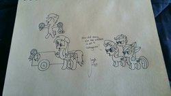 Size: 1024x576 | Tagged: safe, artist:thearmorywarsoldier9, apple bloom, crackle pop, derpy hooves, scootaloo, sweetie belle, earth pony, pegasus, pony, unicorn, g4, the cart before the ponies, cutie mark, cutie mark crusaders, derby racers, dialogue, female, filly, mare, monochrome, open mouth, the cmc's cutie marks, traditional art