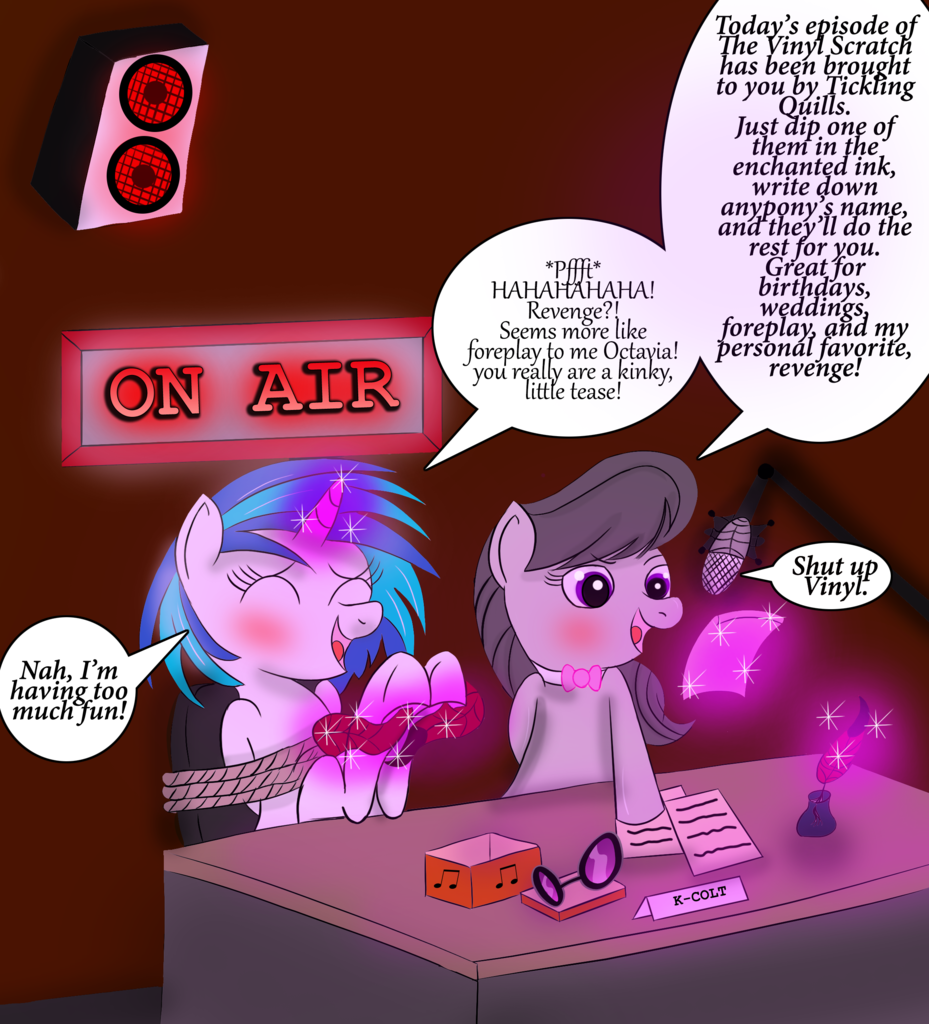1219914 Artist Darkknighthoof Artist Darkknightwolf2011 Blushing Bondage Colored Color Edit Desk Dj Pon 3 Edit Feather Female Happy Bondage Hoof Fetish Hoof Tickling Hooves Inkwell Lesbian Magic Mare Microphone Octavia Melody On