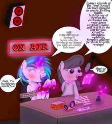 Size: 2308x2545 | Tagged: safe, artist:darkknighthoof, color edit, edit, dj pon-3, octavia melody, vinyl scratch, pony, the vinyl scratch tapes, g4, blushing, bondage, colored, cute, desk, feather, female, happy bondage, high res, hoof fetish, hoof tickling, hooves, inkwell, lesbian, magic, mare, microphone, on air, radio, ship:scratchtavia, shipping, speaker, tavibetes, tickle torture, tickling, tickling quill, vinylbetes