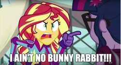Size: 931x500 | Tagged: safe, edit, edited screencap, screencap, sci-twi, sunset shimmer, twilight sparkle, equestria girls, g4, my little pony equestria girls: friendship games, caption, daffy duck, image macro, looney tunes, meme, sunset yells at twilight, the abominable snow rabbit