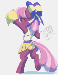 Size: 612x792 | Tagged: safe, artist:grissaecrim, cheerilee, earth pony, pony, semi-anthro, g4, the cart before the ponies, bipedal, bow, butt, cheeribetes, cheerileeder, cheerleader, clothes, cute, eyes closed, female, hair bow, mare, midriff, panties, panty shot, pleated skirt, plot, pom pom, simple background, skirt, skirt lift, smiling, solo, tail upskirt, underwear, upskirt, white background, yellow underwear