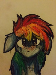 Size: 2448x3264 | Tagged: safe, artist:snowfoxythefox, rainbow dash, g4, blushing, chest fluff, colored, colored pencil drawing, colored sketch, crying, cute, dashabetes, ear fluff, feels, female, floppy ears, frown, high res, out of character, pencil, pencil drawing, sad, simple background, solo, traditional art