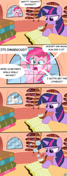 Size: 2540x6700 | Tagged: safe, artist:nuka-kitty, pinkie pie, twilight sparkle, pony, unicorn, g4, book, bubble pipe, comic, library, overreaction, pipe, reading, silly, unicorn twilight