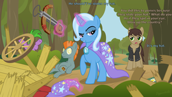 Size: 2880x1620 | Tagged: safe, artist:diggerstrike, trixie, oc, pony, unicorn, g4, carriage, crossbow, crushed, discworld, female, hat, mare, the last continent, trixie's cape, trixie's hat, wrecked