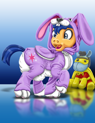 Size: 1600x2071 | Tagged: dead source, safe, artist:amalgamzaku, flash sentry, twilight sparkle, g4, bunny costume, bunny ears, clothes, cutie mark, diaper, female, foal, footed sleeper, kigurumi, non-baby in diaper, plushie, poofy diaper, reflection, solo, uncanny valley, watermark, younger